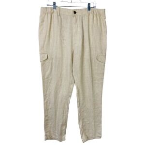 Caribbean Men's Linen Cargo Pants Size 36x30 Tan Elastic Waist Neutral Coastal